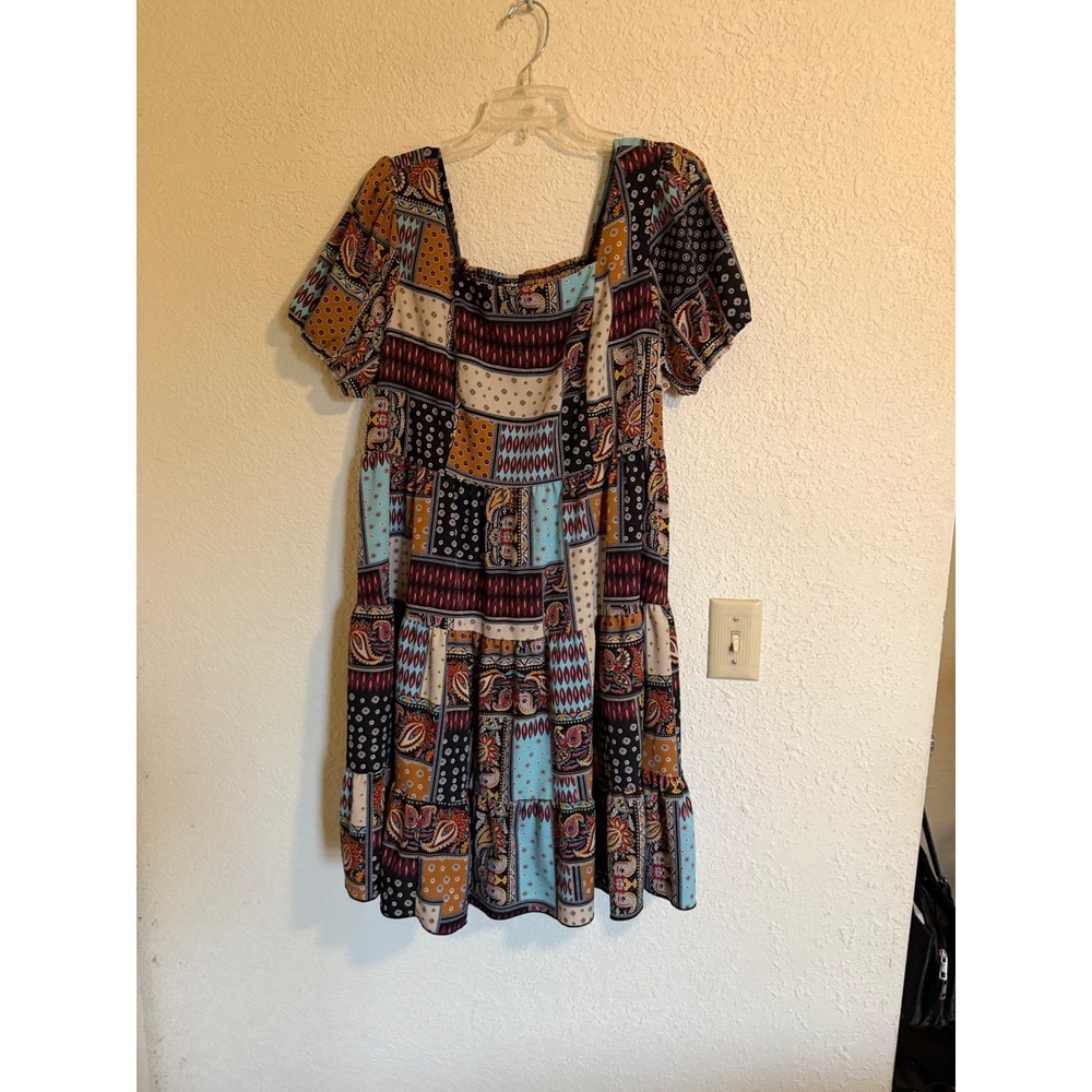 Shein Curve Womens 2XL Patchwork Paisley Tiered Babydoll Dress Square Neck Boho